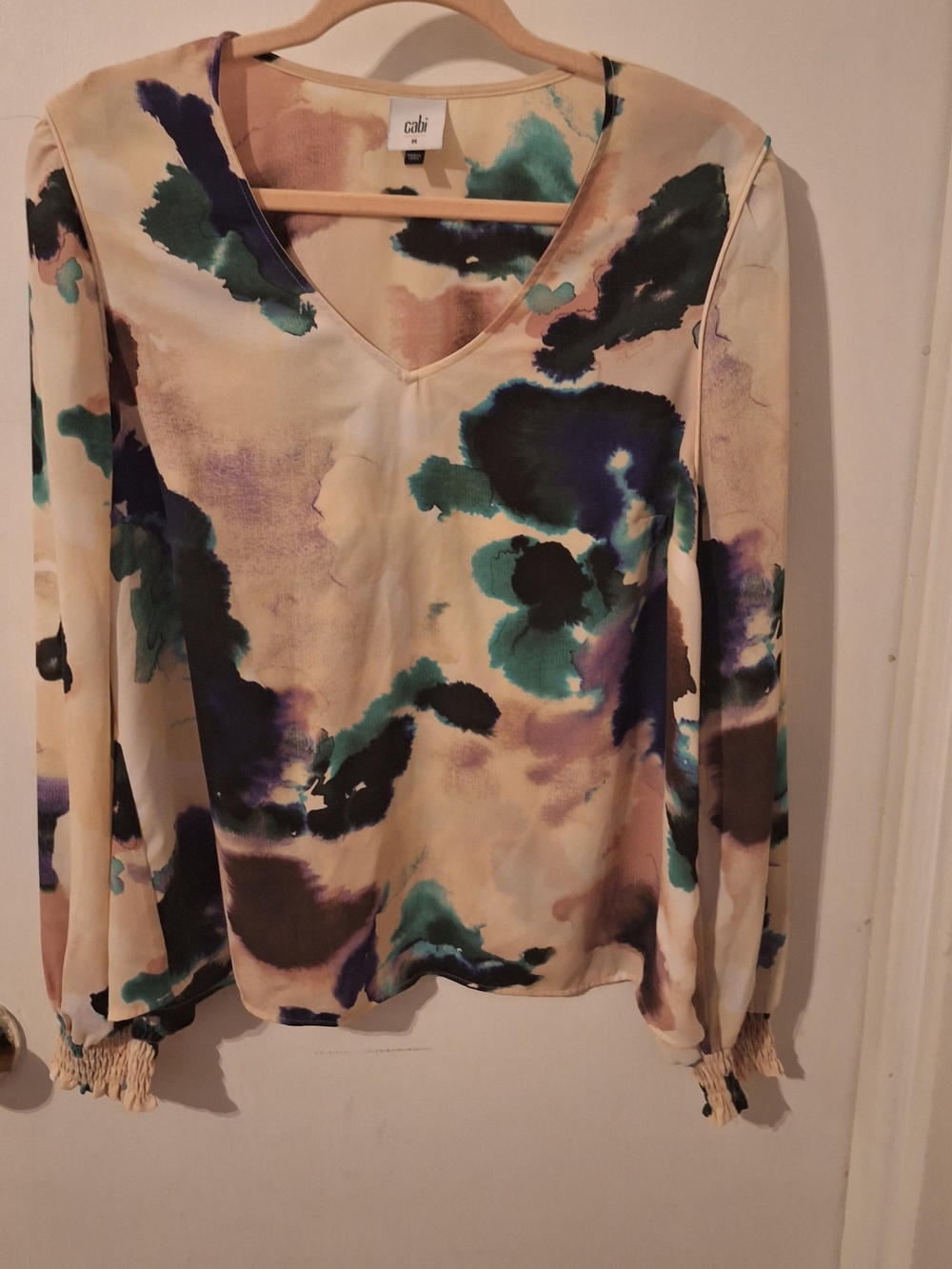 CAbi Watercolor V-Neck Long Sleeve Top - Cream, Teal, Black